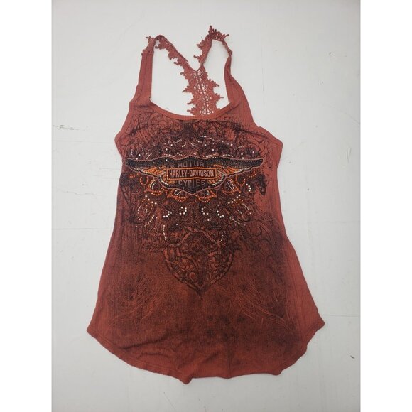 Harley-Davidson Tank Top Shirt Women’s Orange Paisley Rhinestone Open Back - Picture 1 of 10